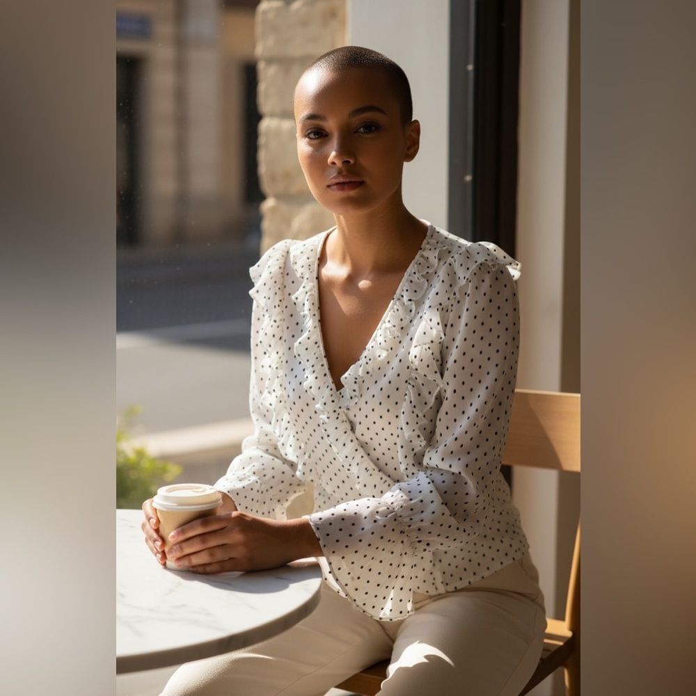 White Polka Dot Ruffle Blouse - Picture 2 of 10